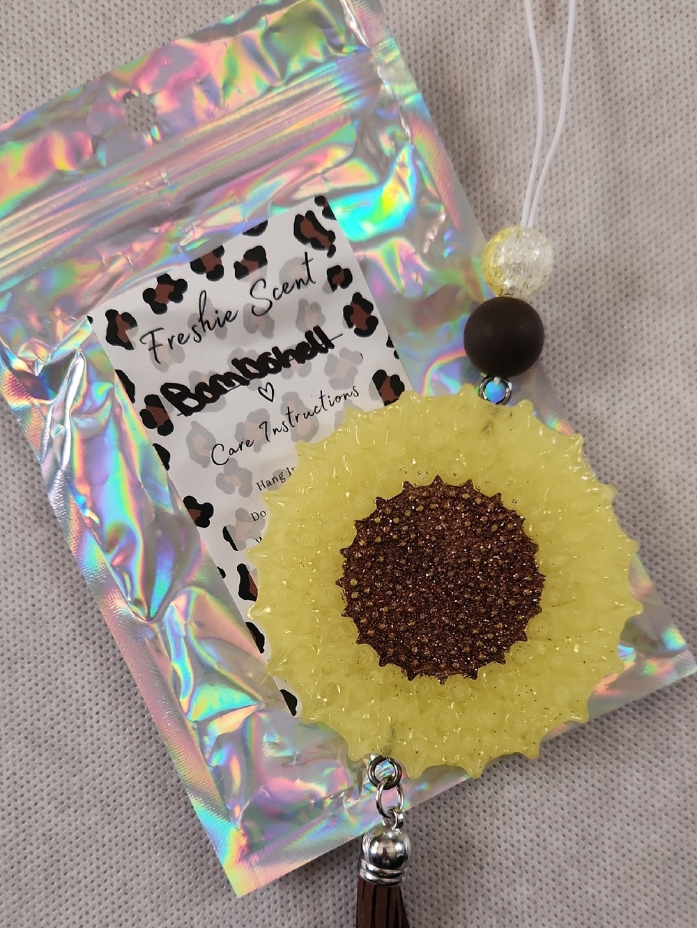 Sunflower Car Charm Air Freshener - Yellow Brown Glitter
